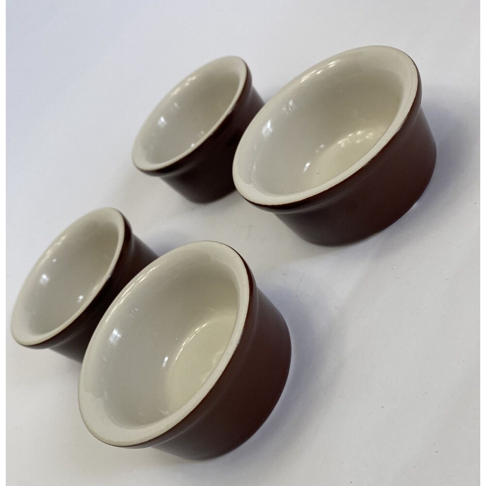 New HALL USA Vintage Set of 4 White/Brown Oven Ware 3" Ceramic Bowls Souffle NOS - Picture 4 of 12